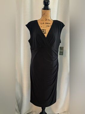 Ralph Lauren Black Cap-Sleeve Faux-Wrap Midi Dress